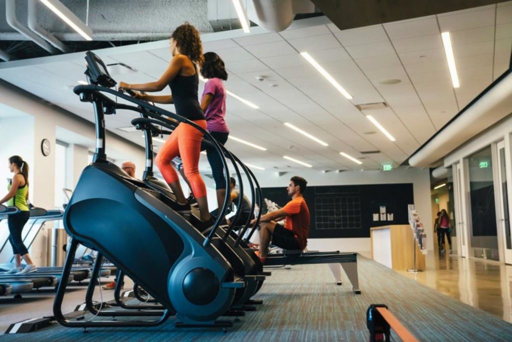 women on stair climbers