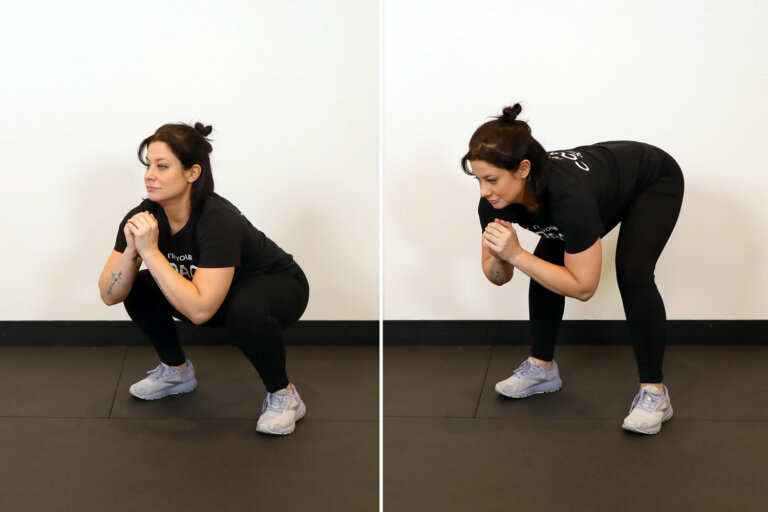 Coach in a low squat with hands clenched together, then hips moving upwards into a high squat.