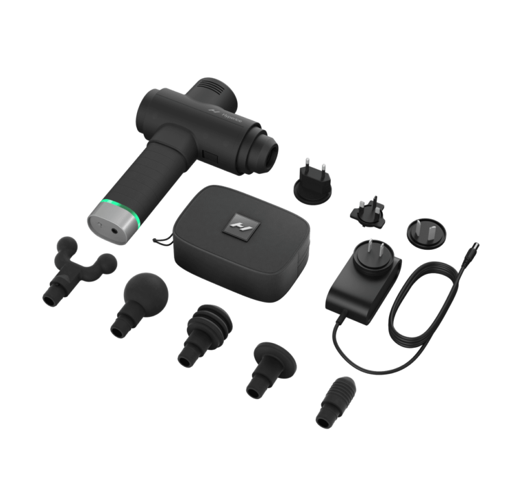 Hypervolt 2 Pro model by Hyperice with charging cord, carrying case, adapters for different outlets, and various shaped attachments including a fork knob, large ball knob, small ball knob and narrow knob.