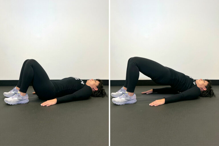Coach lying on her back and lifting hips into the air.