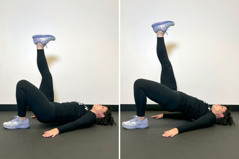 Coach lying on her back with leg lifted straight up, then raising her hips into the air.
