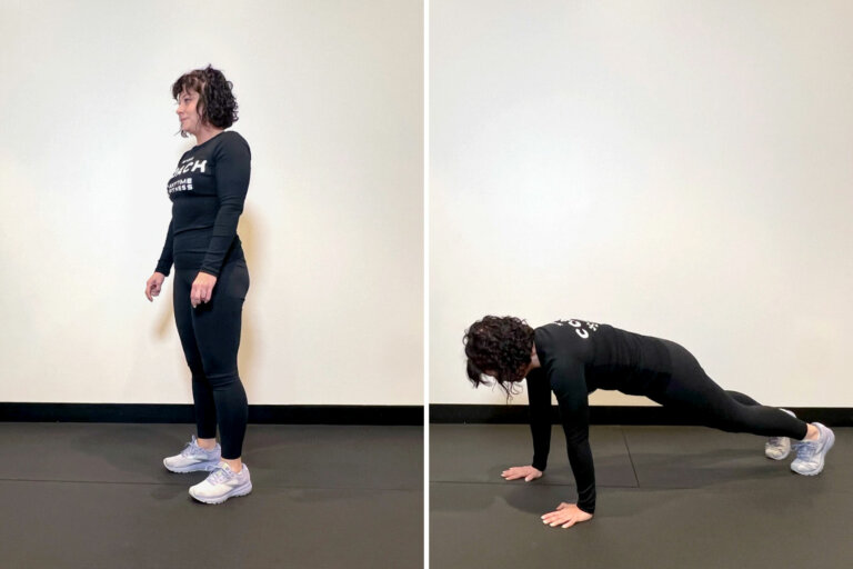 Coach squatting down with hands on the ground, then stepping each foot back.