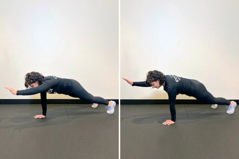 Coach in plank position reaches one arm out, then the other.