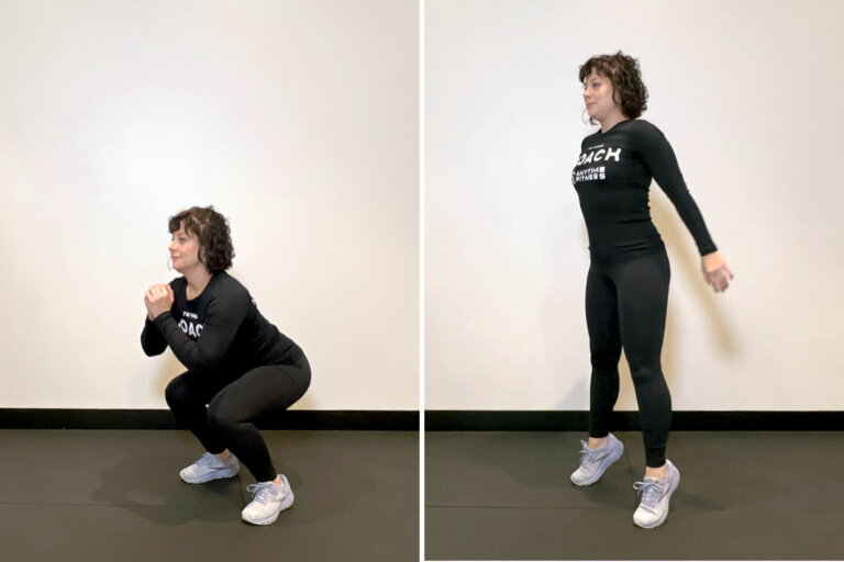 Coach doing a squat then standing up on her tiptoes.