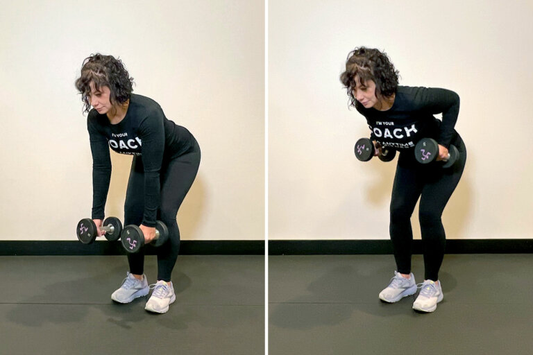 Coach demonstrating a bent-over row.