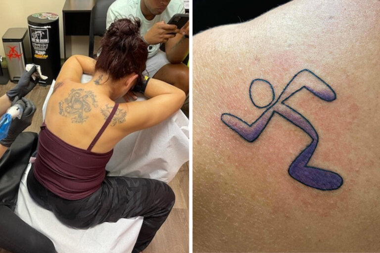 Christy getting the Running Man logo tattooed on her shoulder.