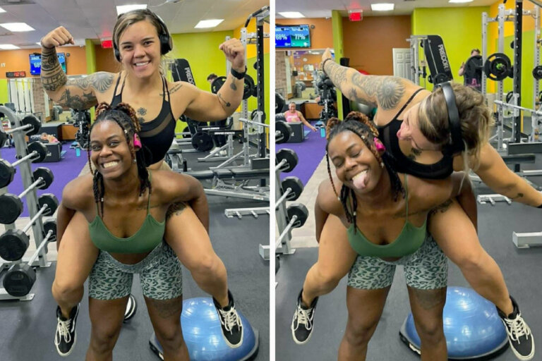 Jasmine giving club owner Mariah a piggyback ride at the gym.