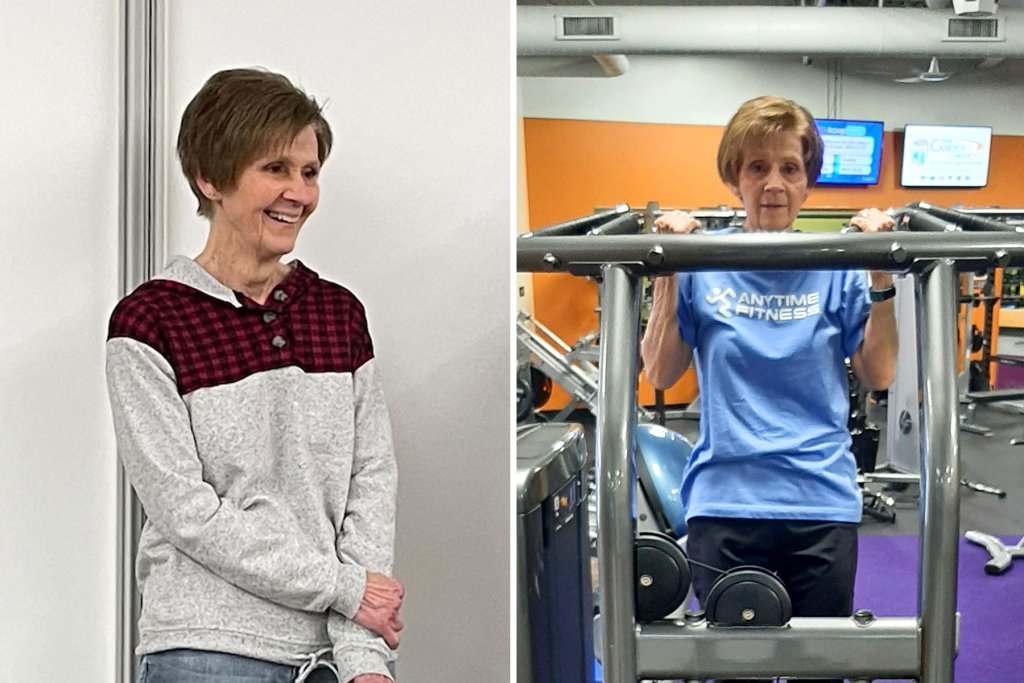 Side-by-side photos of Phyllis smiling and Phyllis at the gym using a workout machine.