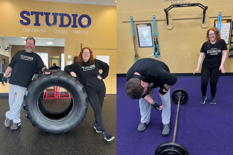 Side-by-side photos of Malcolm and Coach Katy smiling in the gym.