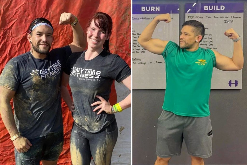 Luis flexing with his gym friend after a mud run.