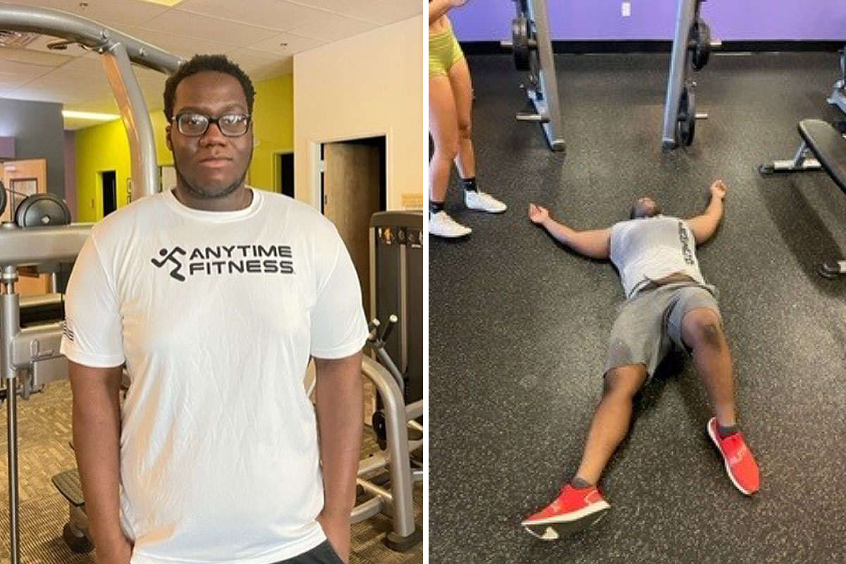 Side-by-side of Jean wearing an AF t-shirt, and Jean exhausted on the floor of the gym.