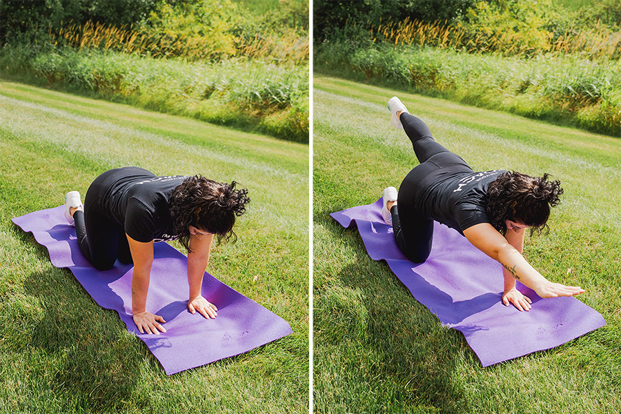 Side-by-side photos of a Coach performing a Bird Dog exercise outdoors.