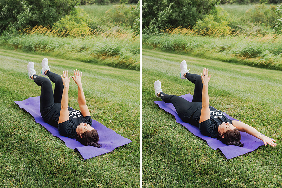 Side-by-side photos of a Coach performing a Dead Bug exercise outdoors.
