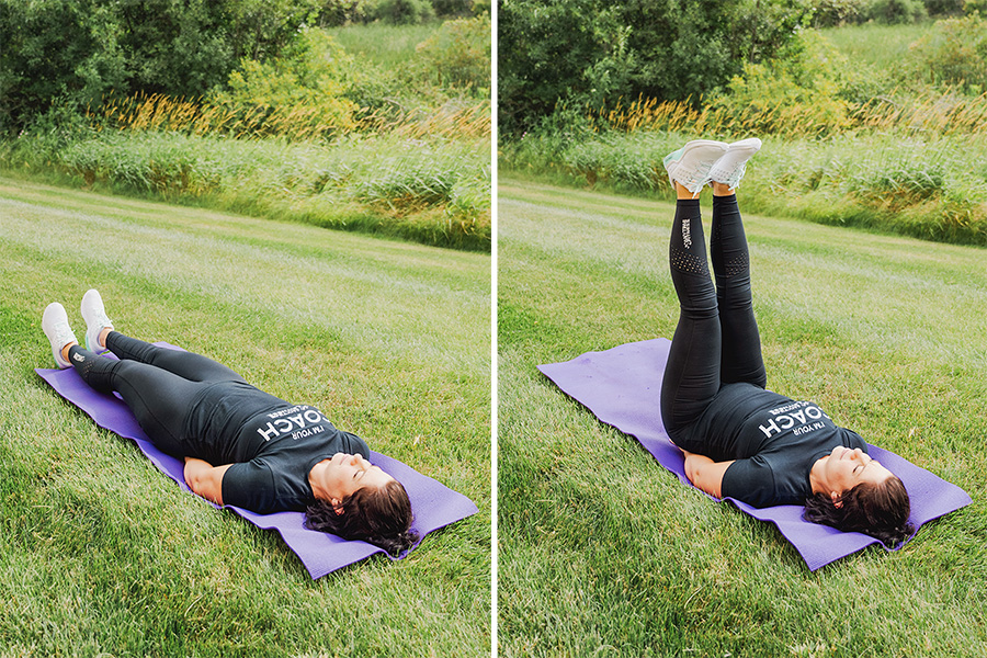 Side-by-side photos of a Coach performing a Leg Drop exercise outdoors.