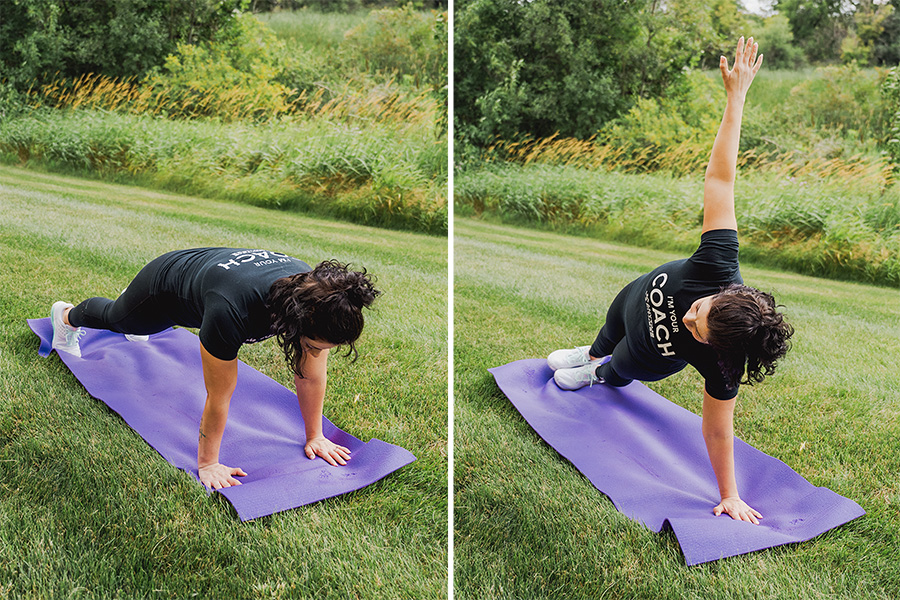 Coach in a front plank and side plank.