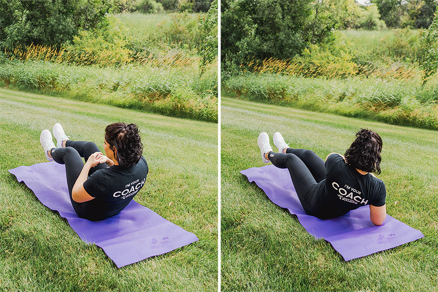 Coach performing a Russian twist on a yoga mat outside.