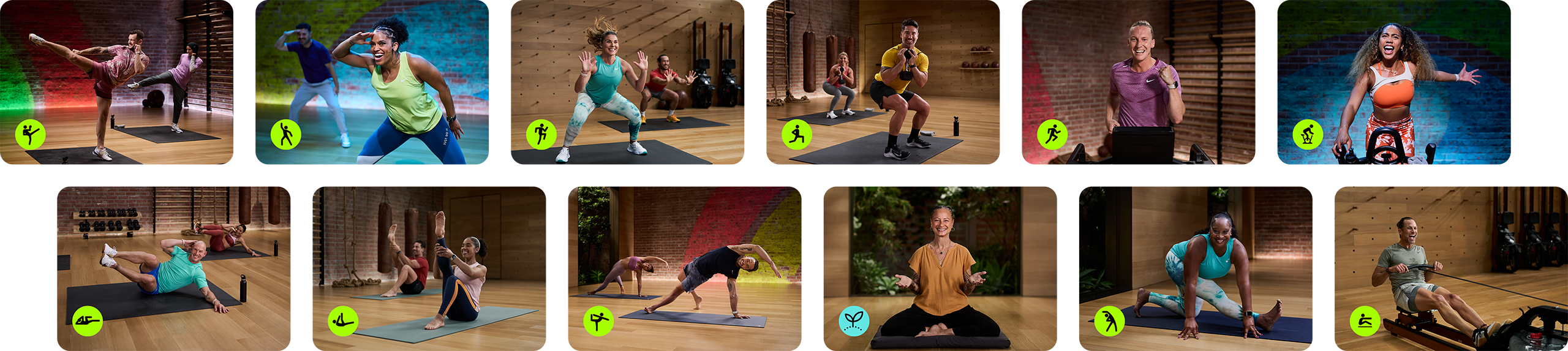 Two rows of inline tiles showing Fitness+ workouts with icons for the various workout types