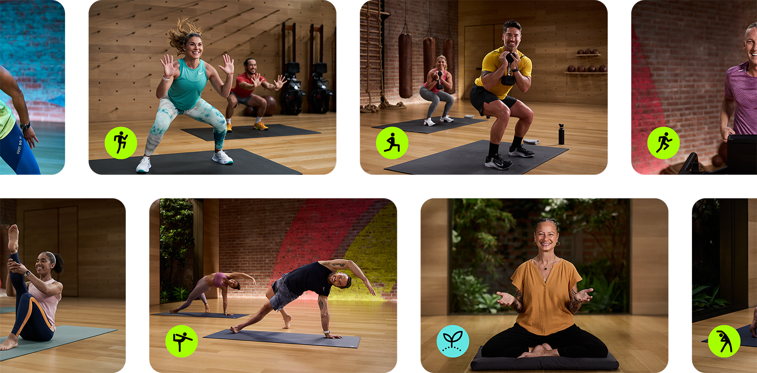 Two rows of inline tiles showing Fitness+ workouts with icons for the various workout types
