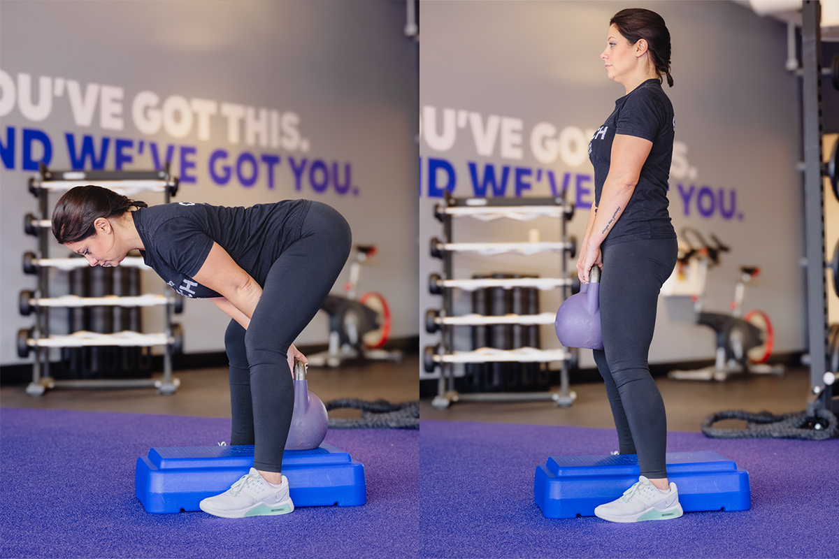 Side by side photos of a woman in a gym setting performing a deadlift to box.