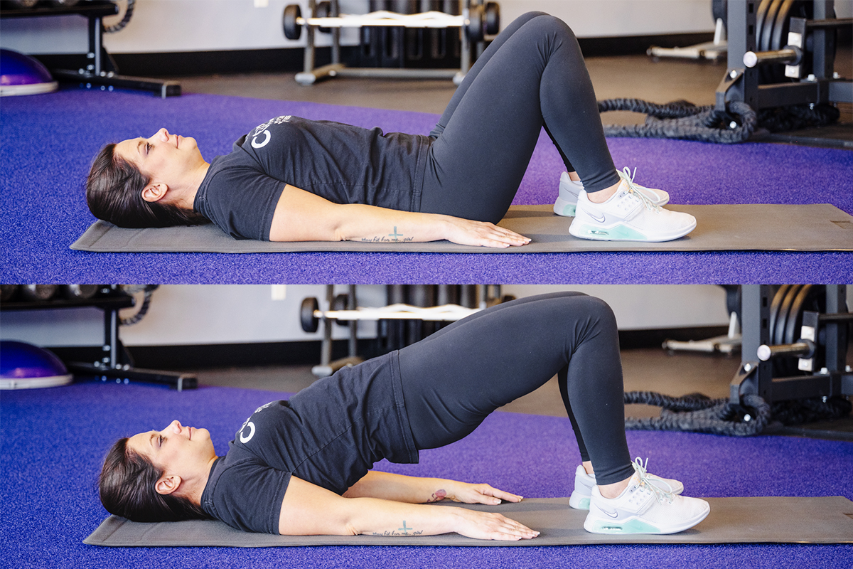 Side by side photos of a woman in a gym setting performing a floor glute bridge on a yoga mat.