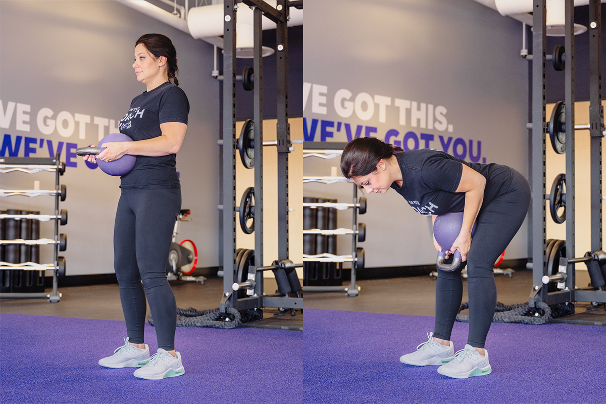 Side by side photos of a woman in a gym setting performing a goat belly exercise with a purple kettlebell.