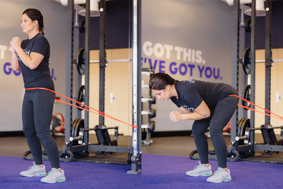 Side by side photos of a woman in a gym setting performing a banded hip hinge.