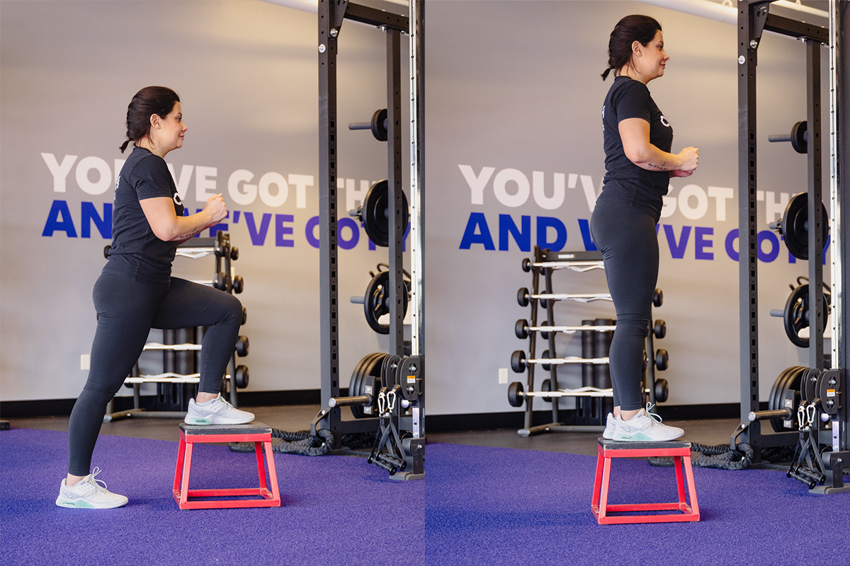 Side by side photos of a woman in a gym setting performing a step-up lunge on a stepping stool.