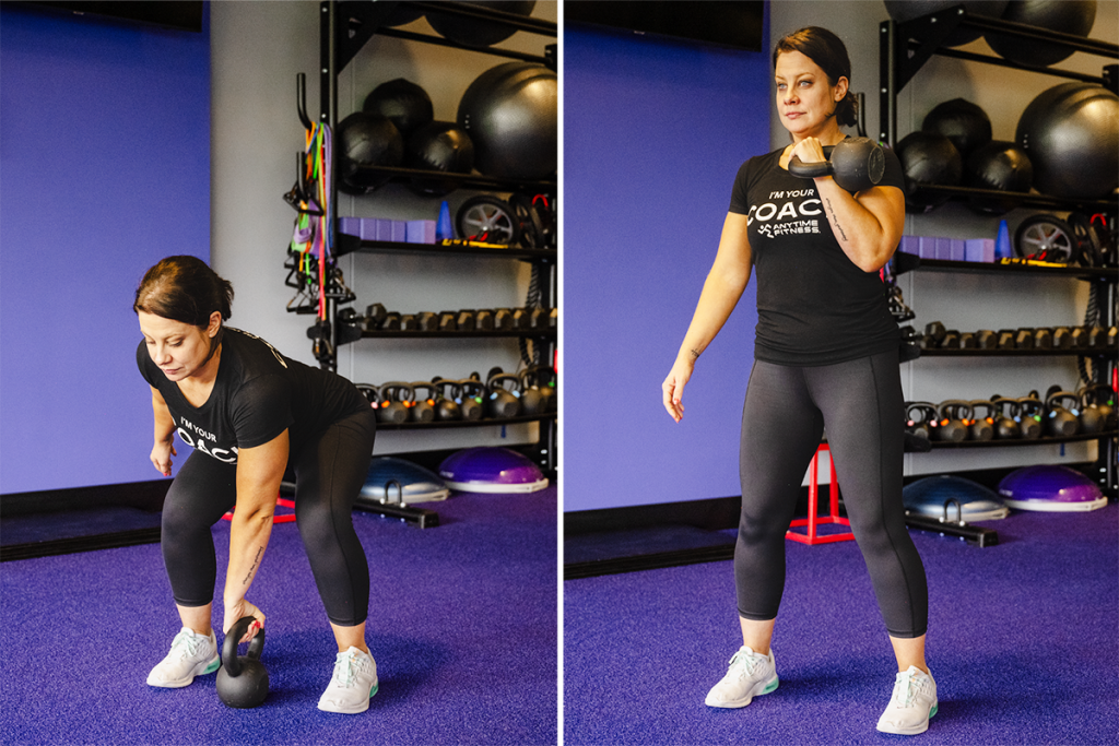 Coach Heather demonstrating a single arm clean with a kettlebell.
