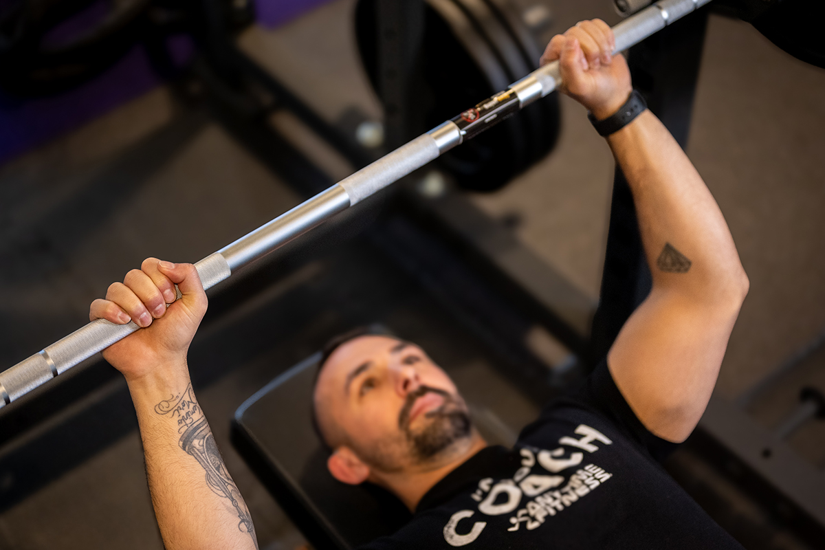 BenchPress-HandPlacement Anytime Fitness Coach Mike demonstrating how to bench press with the correct grip.