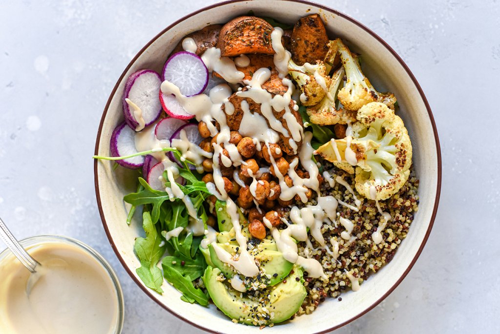 Grain bowl made from a vegetarian meal prep recipe.