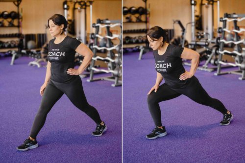 AF_CoolDown-Hips Coach standing in a lunge position, then lunging forward on one leg.